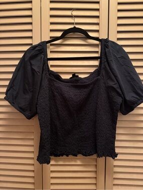 J. Crew Black Smocked Puff-Sleeve Crop Top